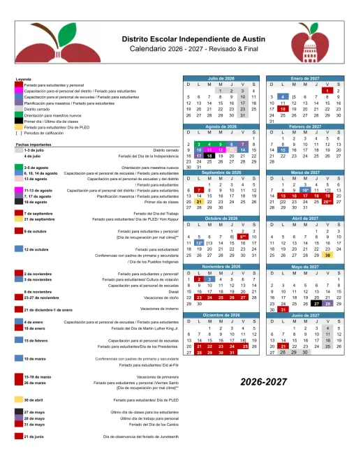 Austin Discovery School 2026–2027 Academic Calendar Page 1