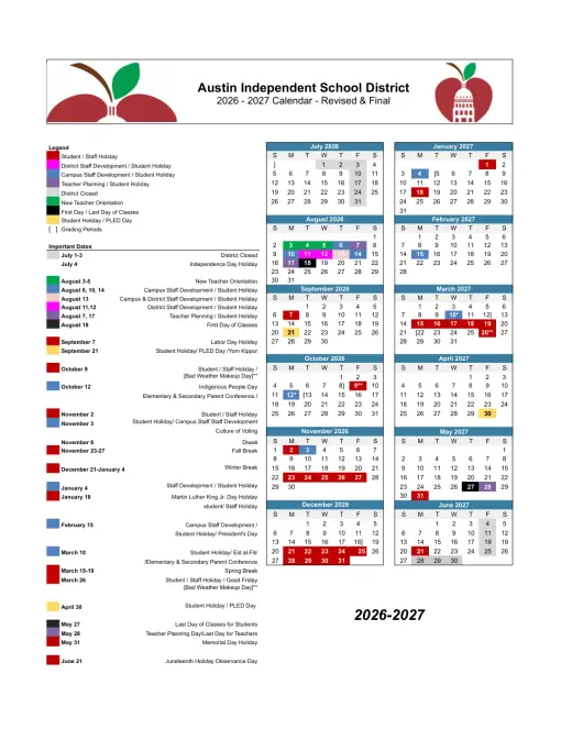 Austin Discovery School 2026–2027 Academic Calendar Page 2