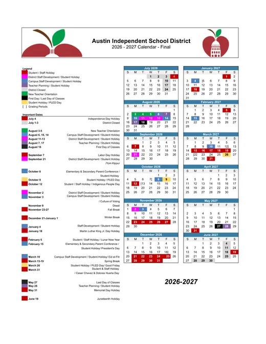 Austin Independent School District 2026–2027 Academic Calendar Page 1