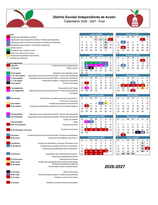 Austin Independent School District 2026–2027 Academic Calendar Page 2