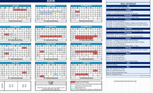 Austin 2026–2027 Academic Calendar Page 1