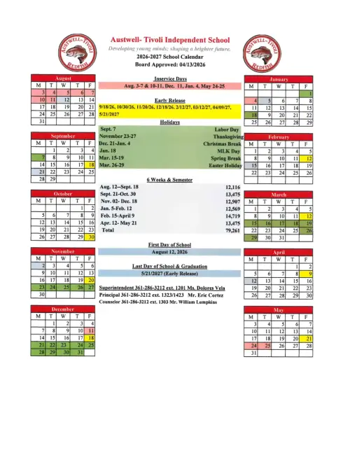 Austwell-Tivoli ISD 2026–2027 Academic Calendar Page 1