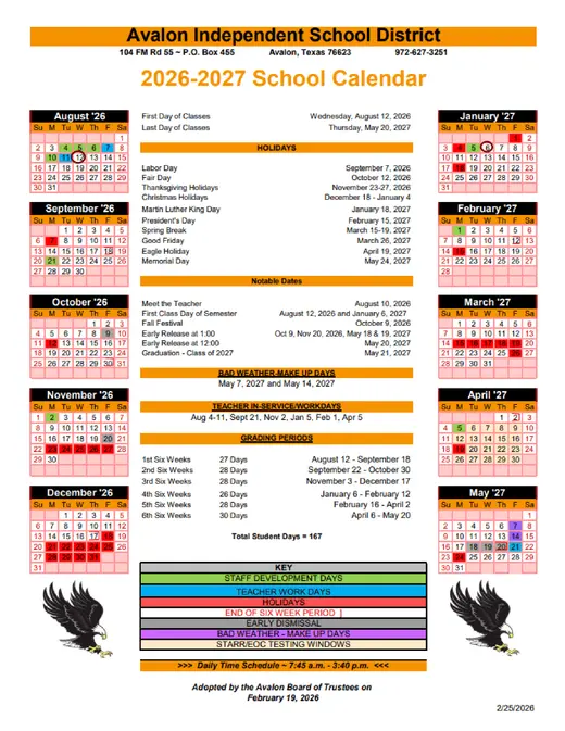Avalon Independent School District 2026–2027 Academic Calendar
