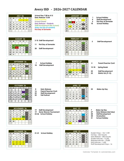 Avery ISD 2026–2027 Academic Calendar