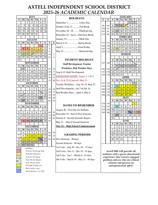 Axtell Independent School District 2025–2026 Academic Calendar