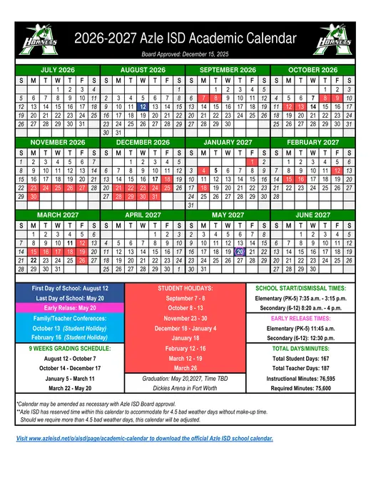 Azle Independent School District 2026–2027 Academic Calendar