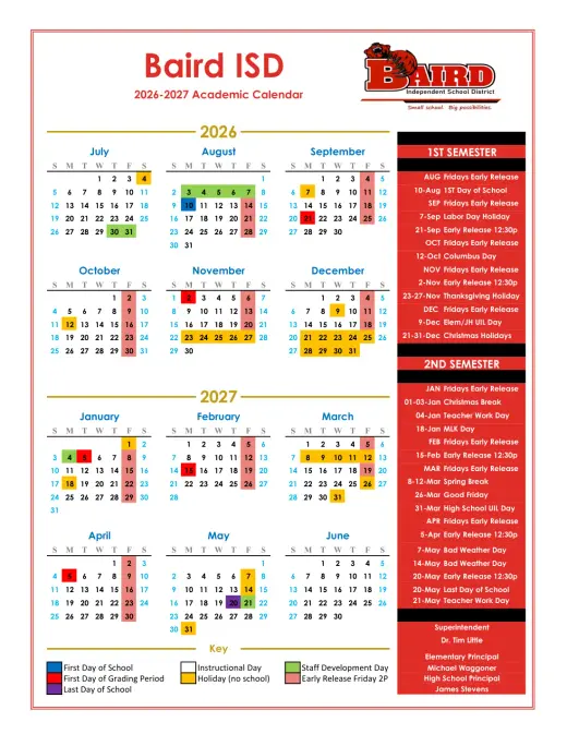 Baird ISD 2026–2027 Academic Calendar Page 2