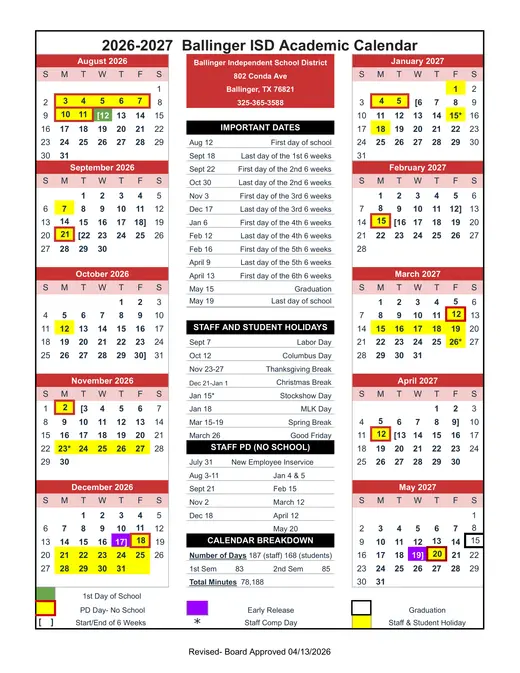Ballinger ISD 2026–2027 Academic Calendar