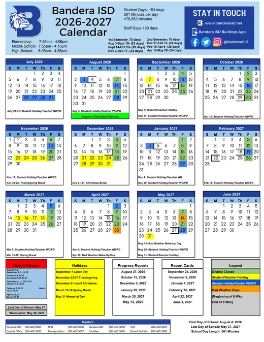 Bandera ISD 2026–2027 Academic Calendar