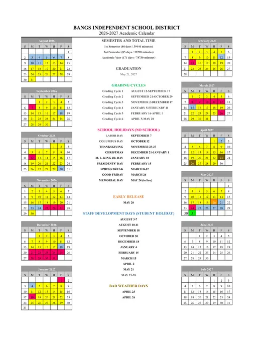 Bangs Independent School District 2026–2027 Academic Calendar