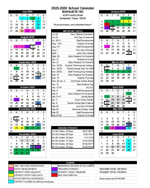 Banquete ISD School 2025–2026 Academic Calendar