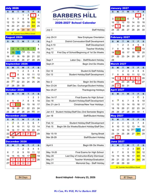 Barbers Hill Independent School District 2026–2027 Academic Calendar