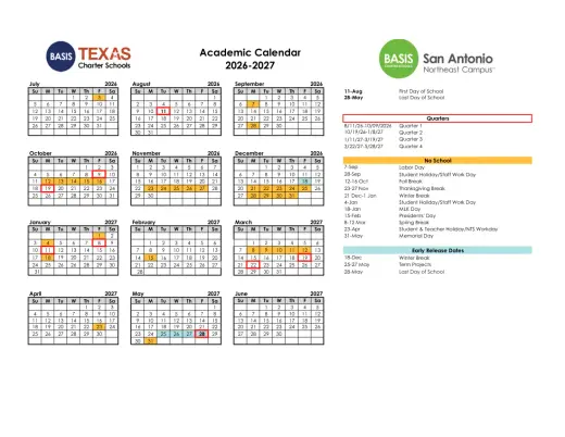 Basis Texas 2026–2027 Academic Calendar Page 1