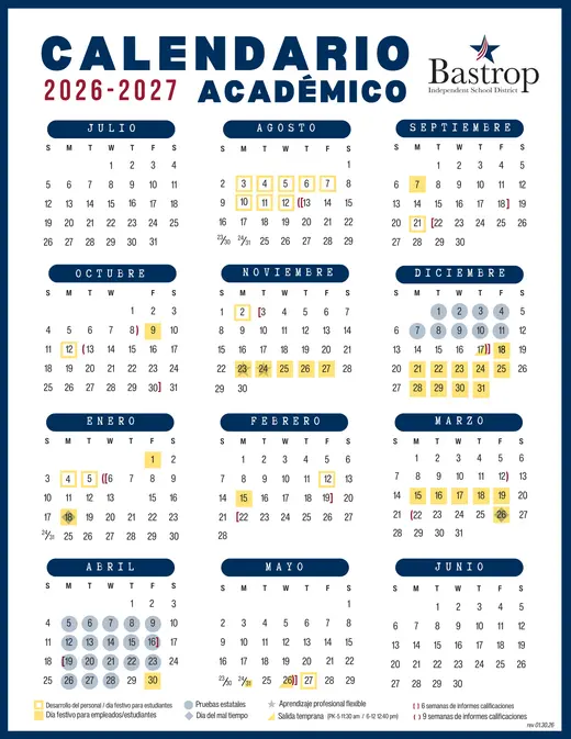 Bastrop Independent School District 2026–2027 Academic Calendar Page 1