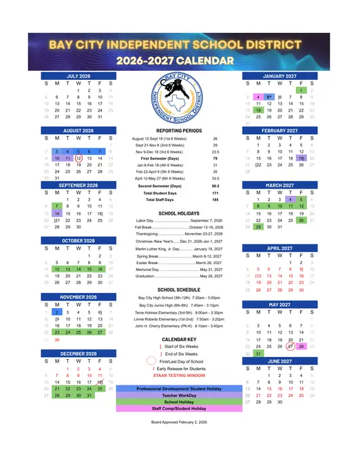 Bay City Independent School District 2026–2027 Academic Calendar