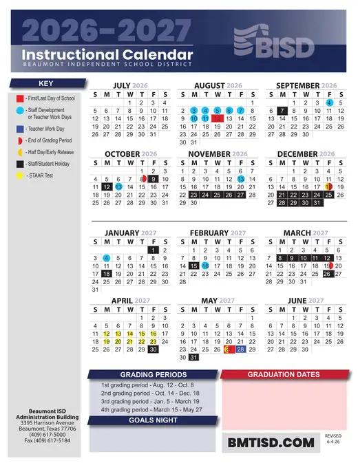 Beaumont Independent School District 2026–2027 Academic Calendar