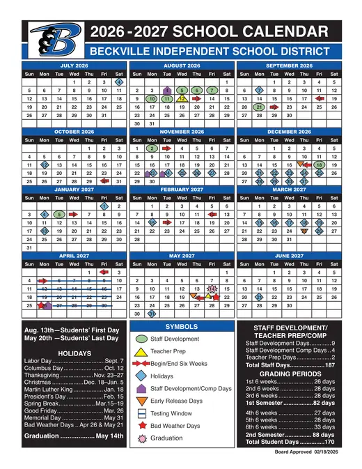 Beckville Independent School District 2026–2027 Academic Calendar