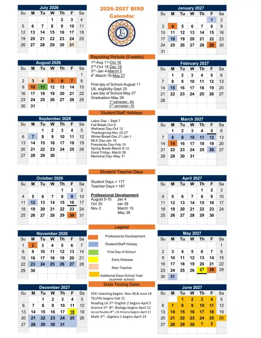 Beeville ISD 2026–2027 Academic Calendar Page 2