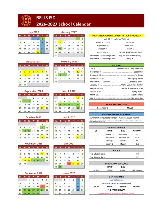 Bells ISD 2026–2027 Academic Calendar Page 1