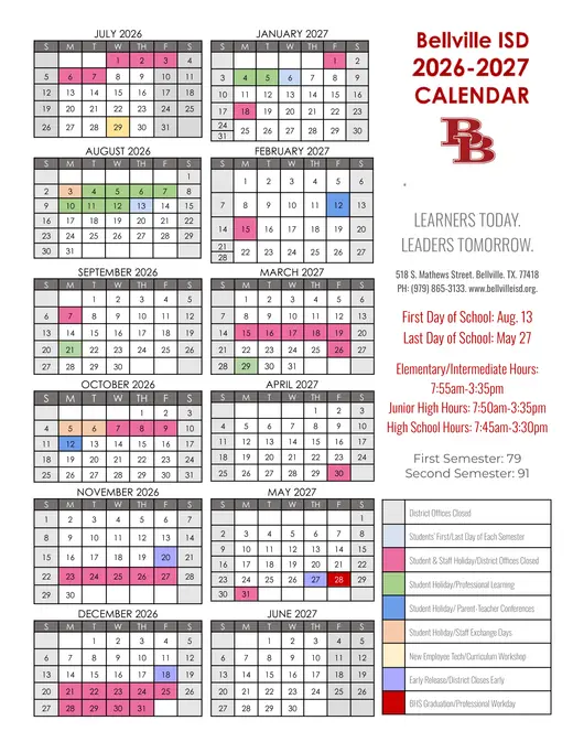 Bellville ISD 2026–2027 Academic Calendar