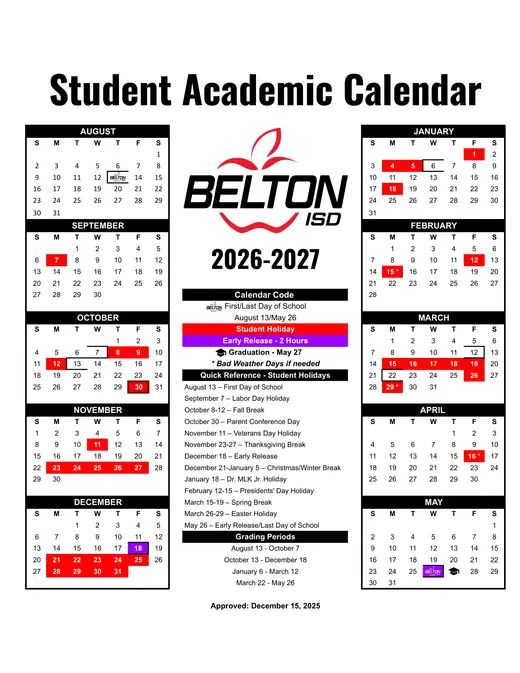Belton ISD 2026–2027 Academic Calendar