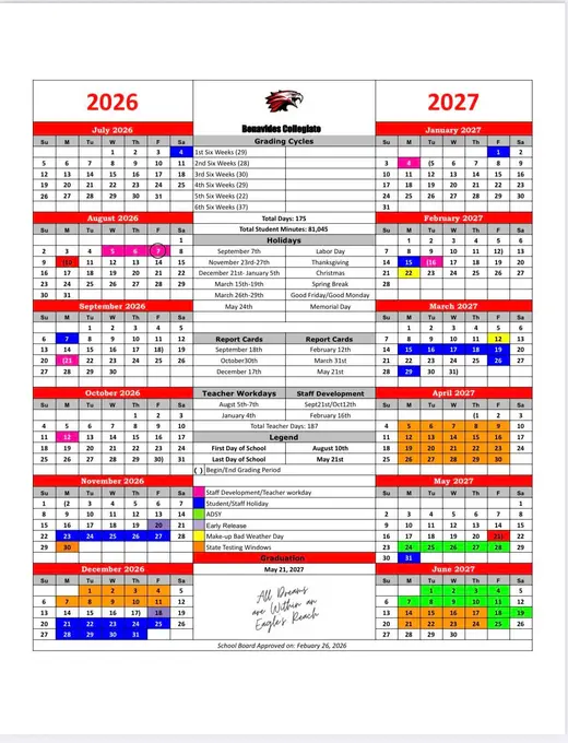 Benavides Collegiate 2026–2027 Academic Calendar Page 1