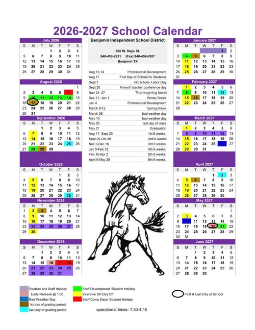 Benjamin Independent School District 2026–2027 Academic Calendar