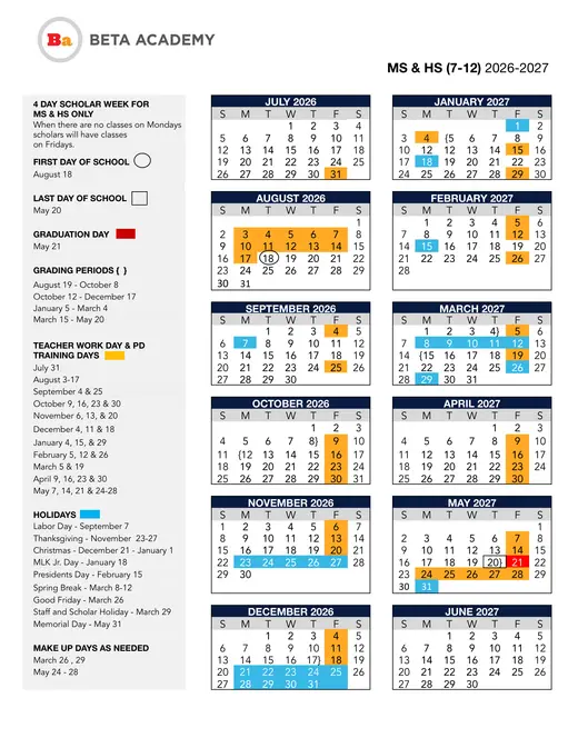Beta Academy MS &amp; HS (7-12) 2026–2027 Academic Calendar