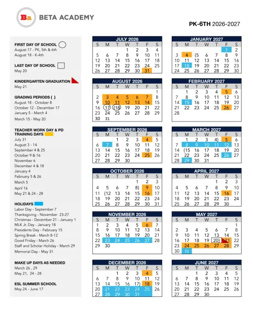 Beta Academy 2026–2027 Academic Calendar Page 1