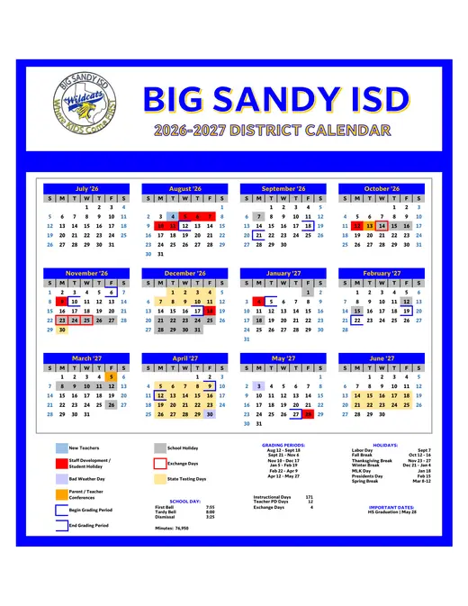 Big Sandy ISD 2026–2027 Academic Calendar