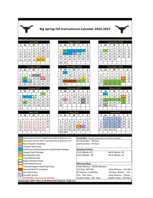 Big Spring ISD 2026–2027 Academic Calendar