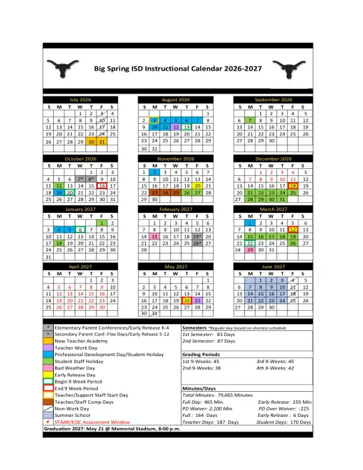 Big Springs Charter School 2026–2027 Academic Calendar Page 1