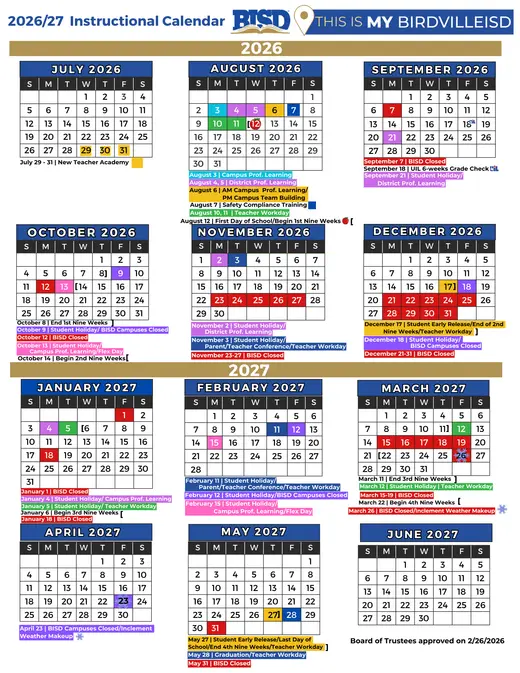 Birdville ISD 2026–2027 Academic Calendar Page 1