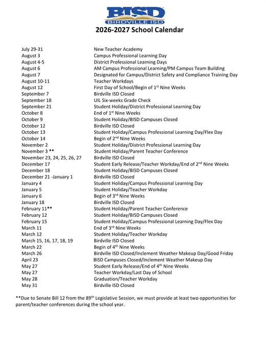 Birdville ISD 2026–2027 Academic Calendar Page 2