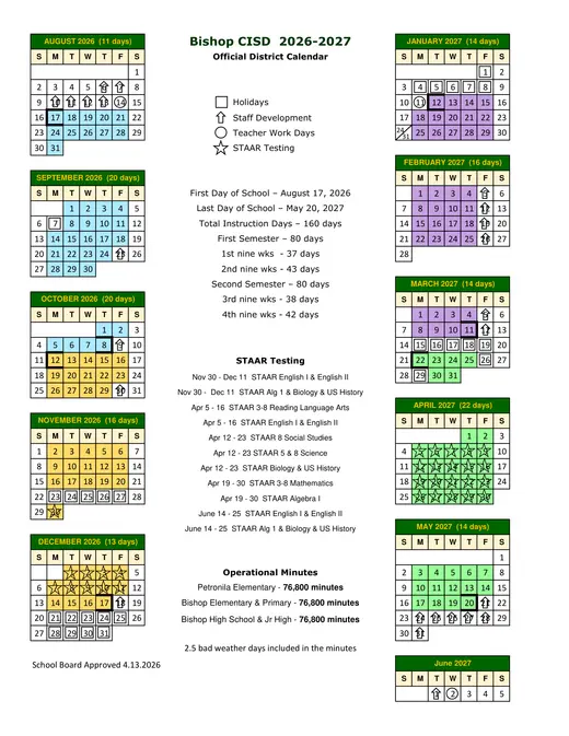 Bishop CISD 2026–2027 Academic Calendar