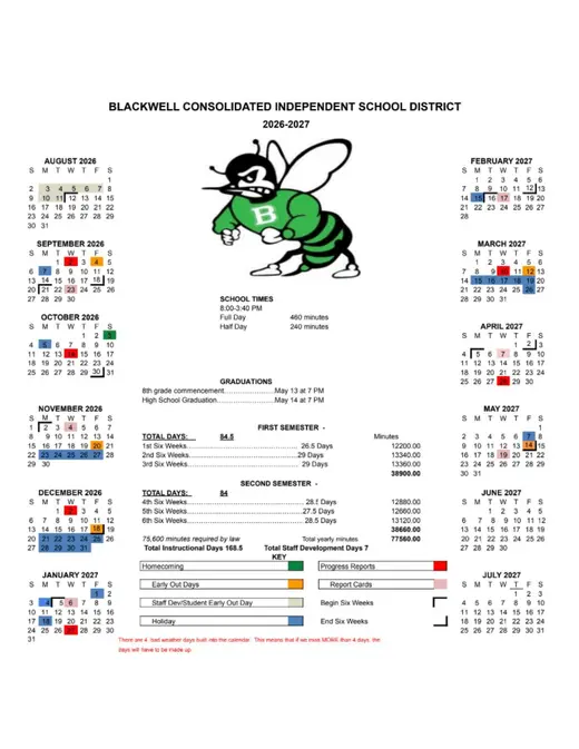 Blackwell Consolidated Independent School District 2026–2027 Academic Calendar