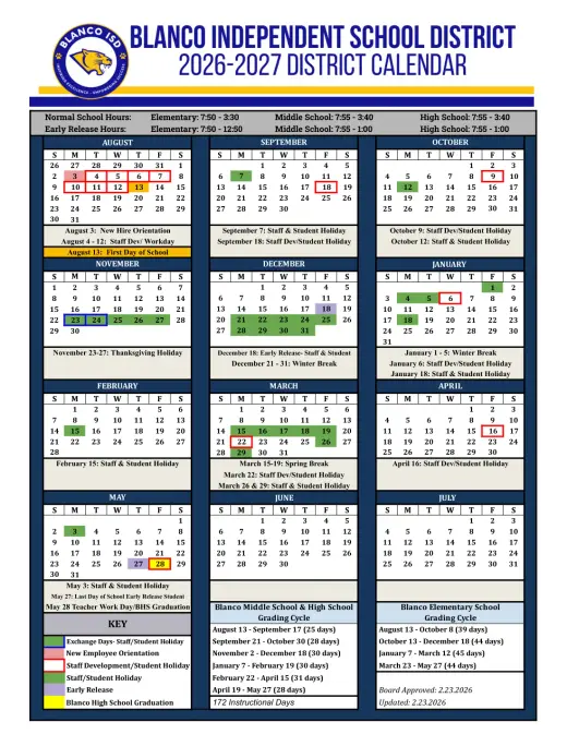 Blanco ISD 2026–2027 Academic Calendar Page 1