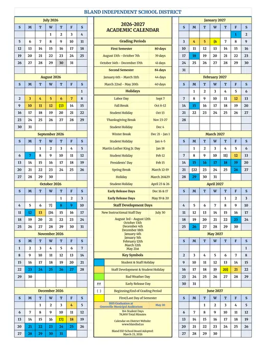 Bland Independent School District 2026–2027 Academic Calendar