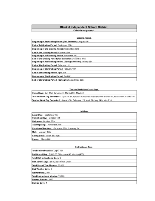 Blanket ISD 2026–2027 Academic Calendar Page 1