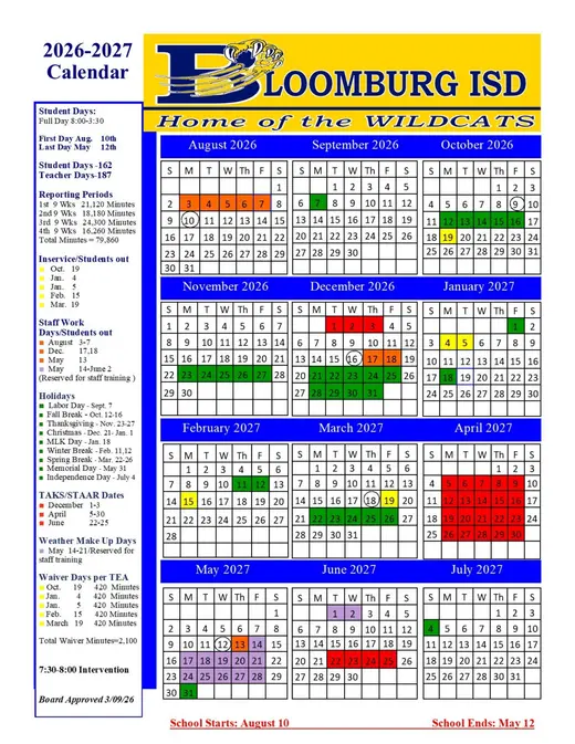 Bloomburg ISD 2026–2027 Academic Calendar
