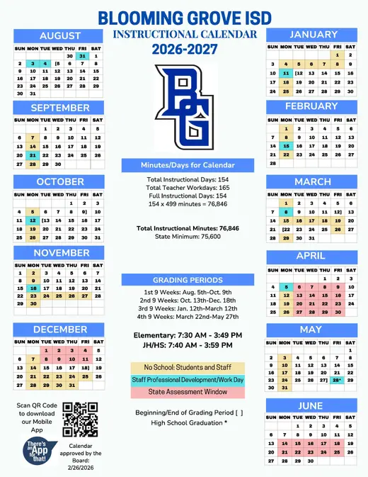 Blooming Grove ISD 2026–2027 Academic Calendar Page 1
