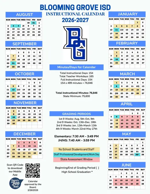 Blooming Grove ISD 2026–2027 Academic Calendar Page 2