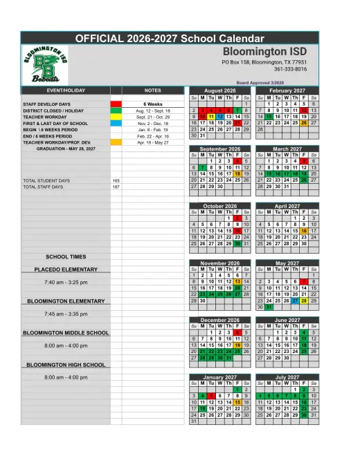 Bloomington ISD 2026–2027 Academic Calendar Page 1