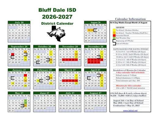 Bluff Dale ISD 2026–2027 Academic Calendar
