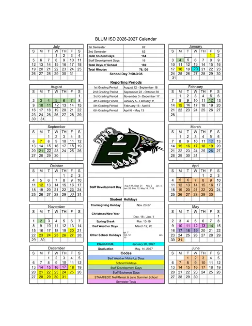 Blum ISD 2026–2027 Academic Calendar