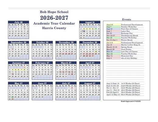 Bob Hope School 2026–2027 Academic Calendar Page 2