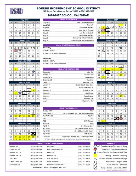 Boerne Independent School District 2026–2027 Academic Calendar
