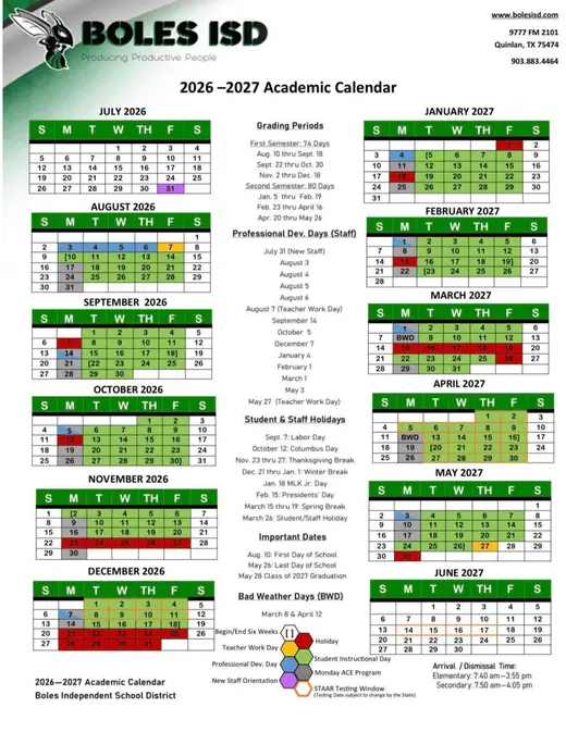 Boles Independent School District 2026–2027 Academic Calendar