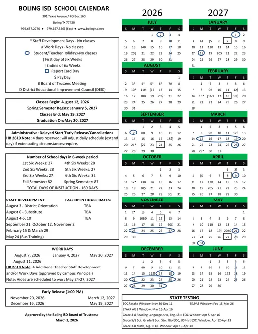 Boling ISD 2026–2027 Academic Calendar
