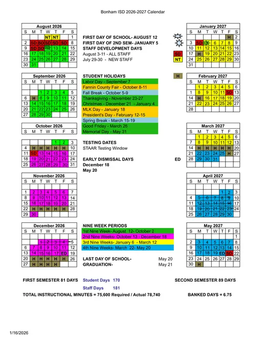 Bonham ISD 2026–2027 Academic Calendar Page 1